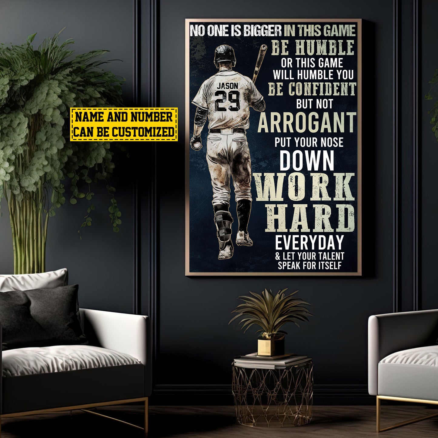 Work Hard Every Day, Personalized Baseball Boy Canvas Painting, Sports Quotes Wall Art Decor, Poster Gift For Baseball Lovers, Baseball Boys