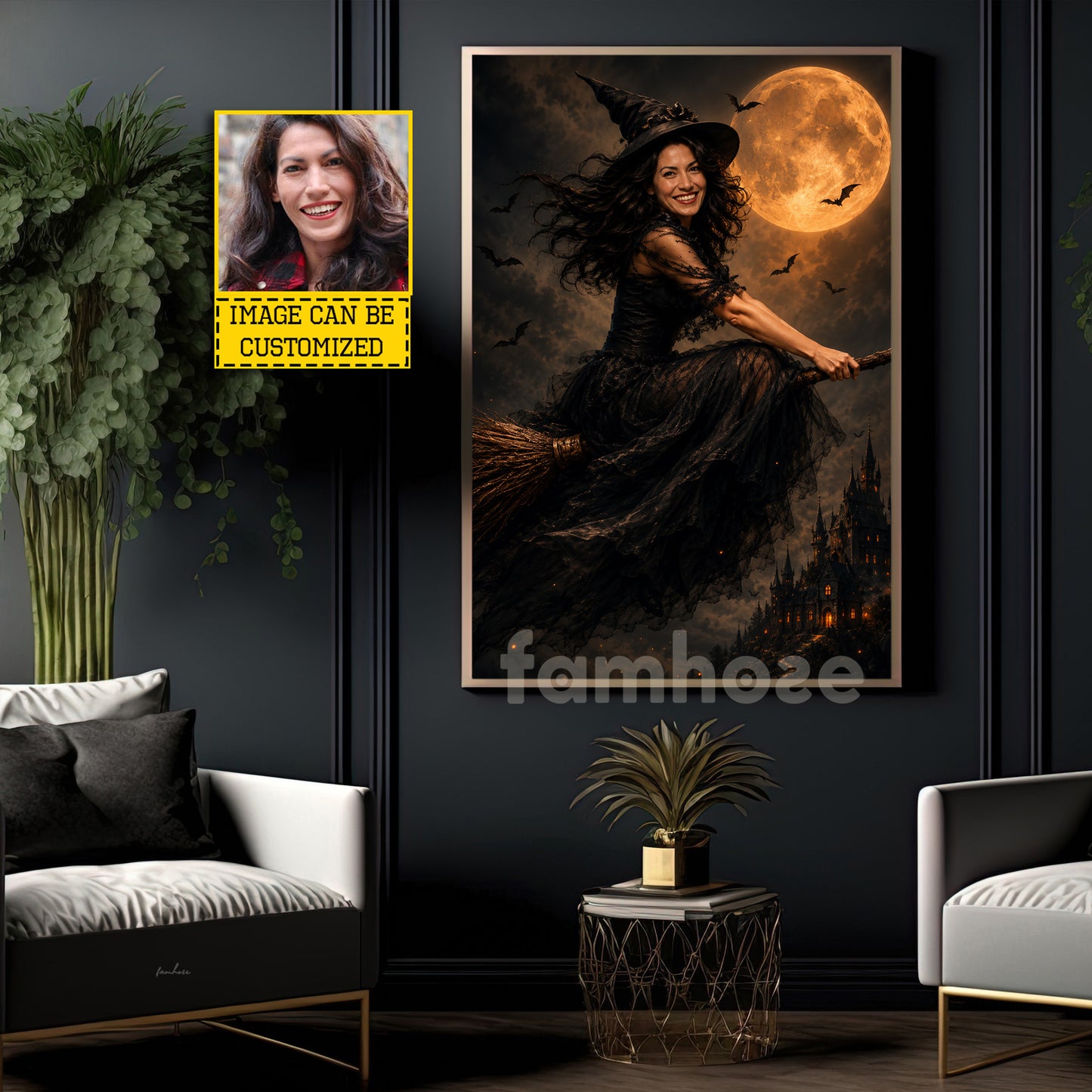 Personalized Halloween Flying Witch Canvas Painting, Fly Me To The Full Moon Wall Art Decor, Spooky Season Poster Gift For Witch Lover