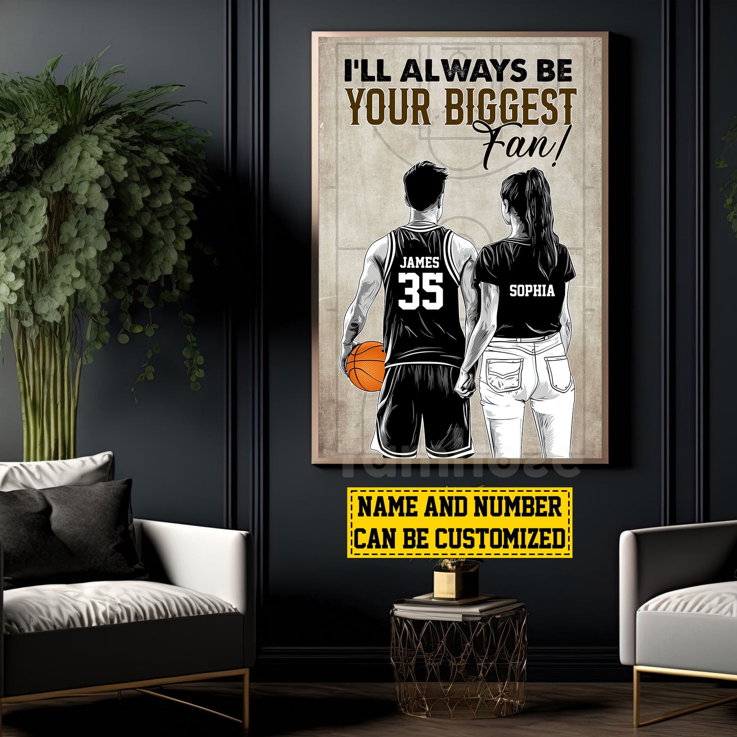 Romantic Personalized Couple Basketball Canvas Painting, I'll Always Be Your Biggest Fan Wall Art Decor, Poster Valentine's Day Gift For Basketball-Loving Couple