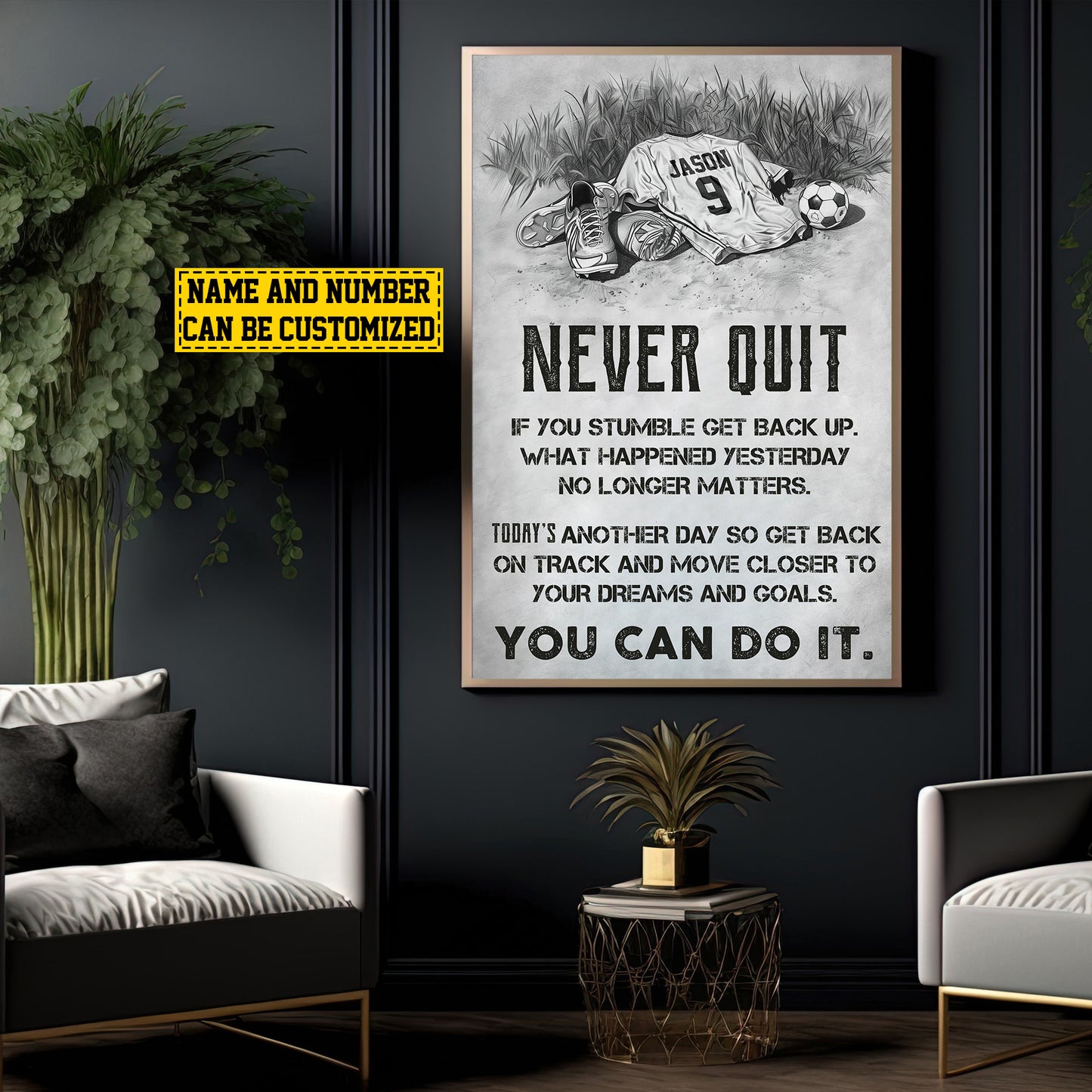 Personalized Motivational Soccer Canvas Painting, Never Quit You Can Do It, Sports Quotes Wall Art Decor, Poster Gift For Soccer Lovers, Soccer Players