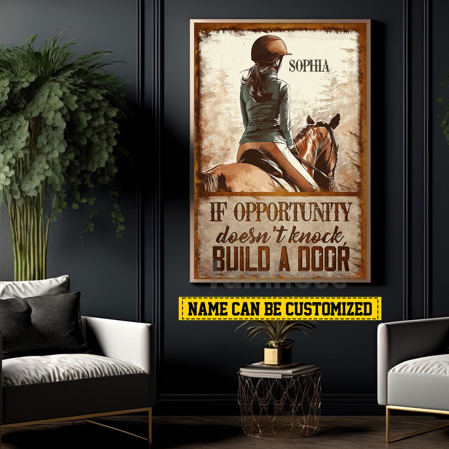 Funny Personalized Horse Riding Girl Canvas Painting, If Opportunity Doesn't Knock Inspirational Quotes Wall Art Decor, Poster Gift For Horse Girl
