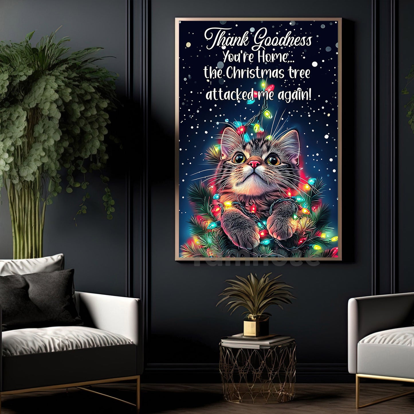 Funny Christmas Cat Canvas Painting, Thank Godness You're Home Wall Art Decor Xmas Poster Gift For Cat Lovers