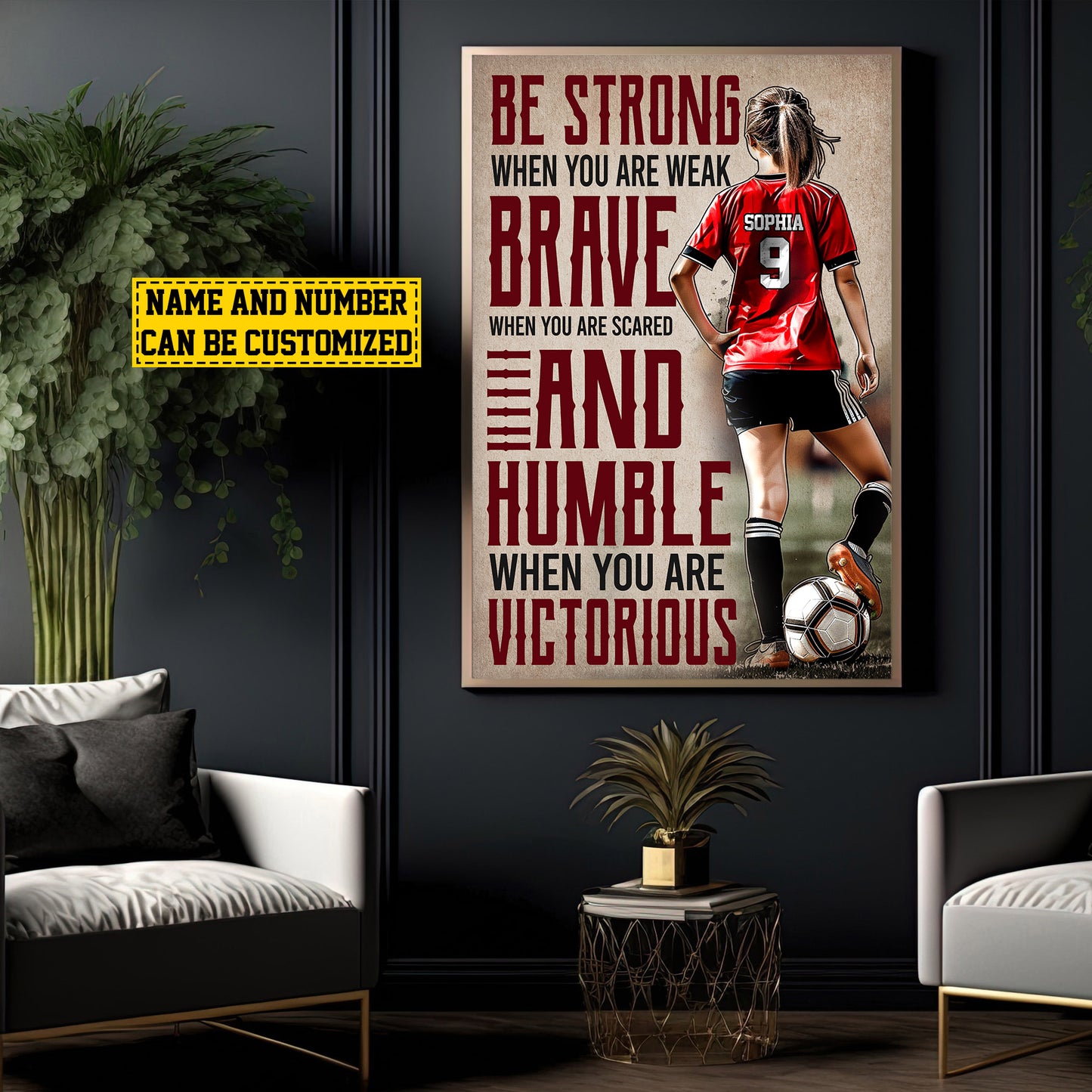 Personalized Motivational Soccer Canvas Painting, Be Strong Brave Humble, Sports Quotes Wall Art Decor, Poster Gift For Soccer Lovers, Soccer Girls