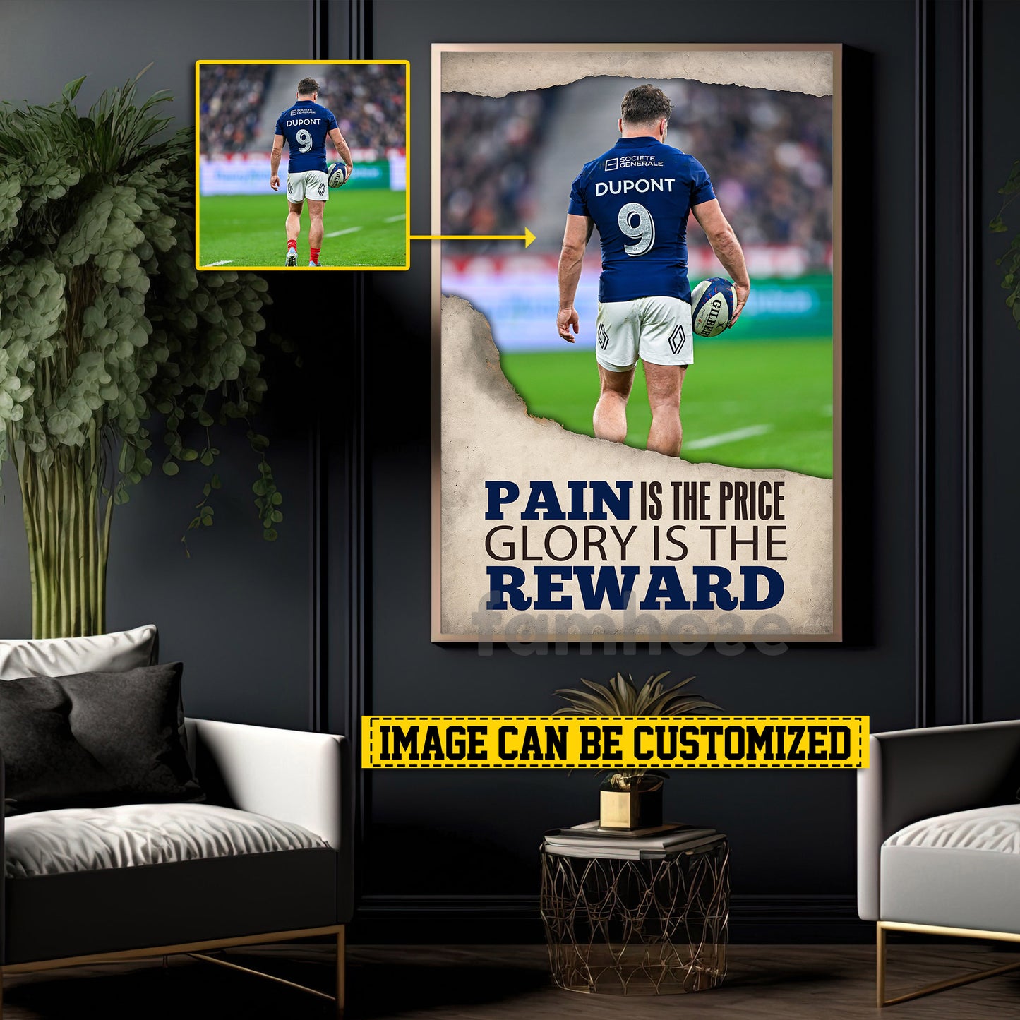 Motivational Personalized Rugby Man Canvas Painting, Pain Is The Price Sport Wall Art Decor, Poster Gift For Rugby Lovers