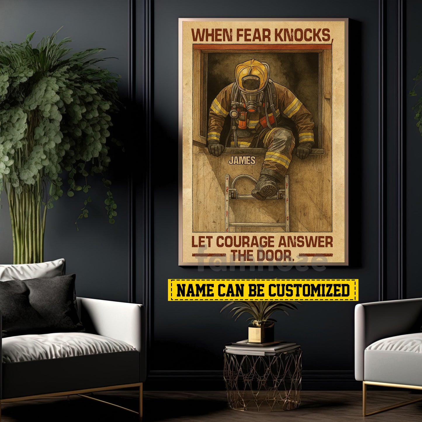 Motivational Personalized Firefighter Canvas Painting, When Fear Knocks Inspirational Quotes Wall Art Decor, Poster Gift For Firefighter Lovers