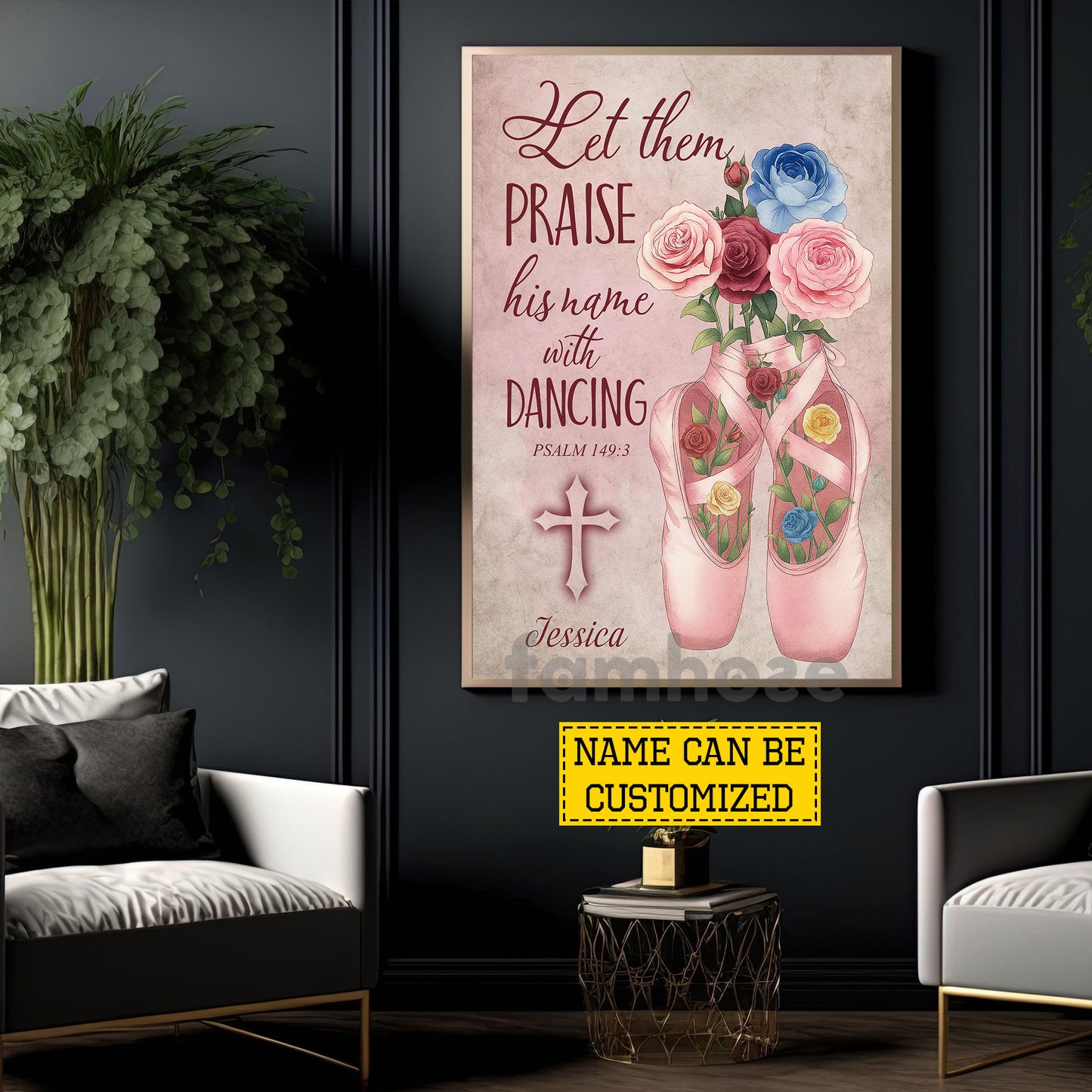 Personalized Ballet & God Canvas Painting, Let Them Praise His Name With Dancing Wall Art Decor, Christian Poster Gift For Ballet Lovers