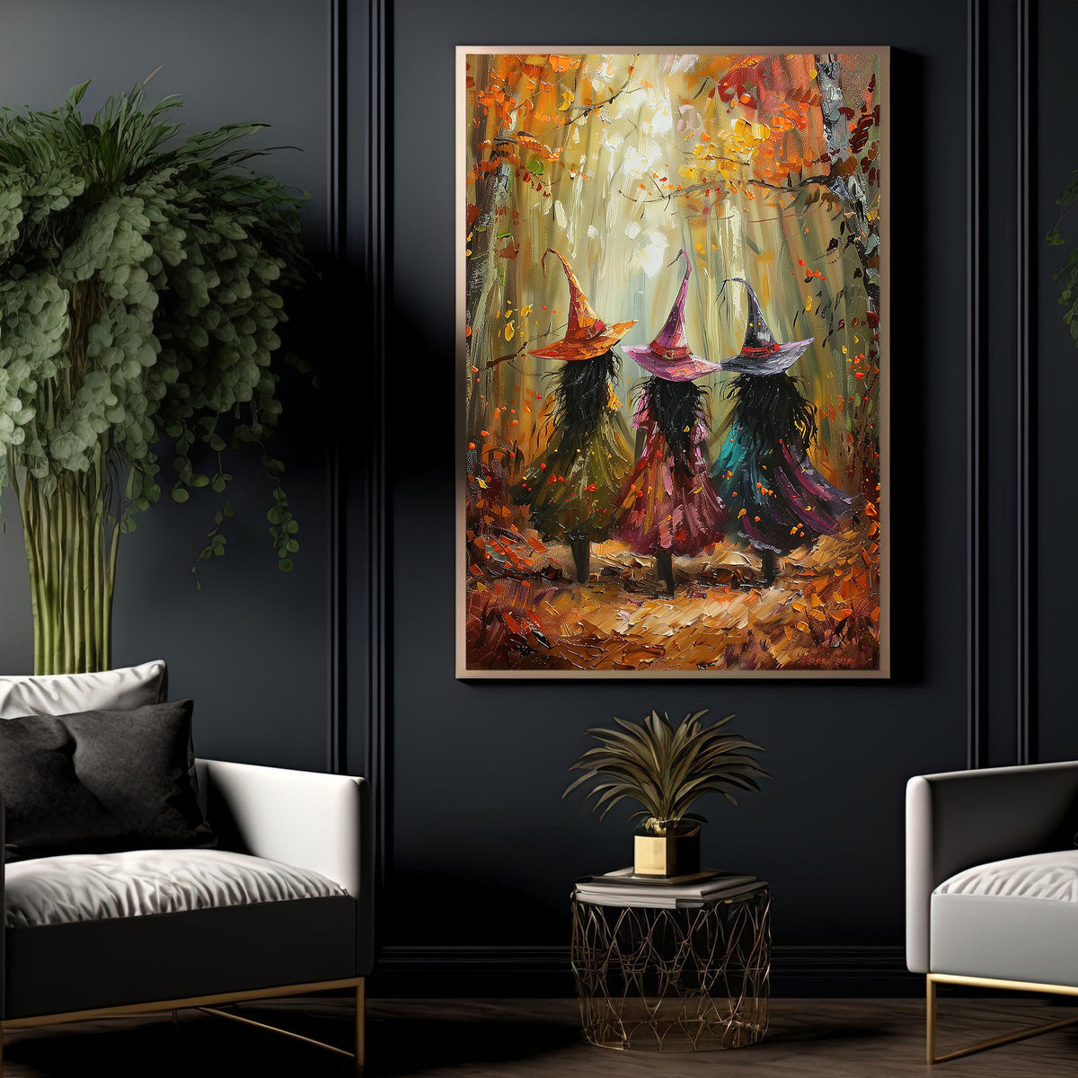 Autumn's Magical Muses, Witches Canvas Painting, Spooky Season Wall Art Decor, Halloween Poster Gift For Witch Lovers