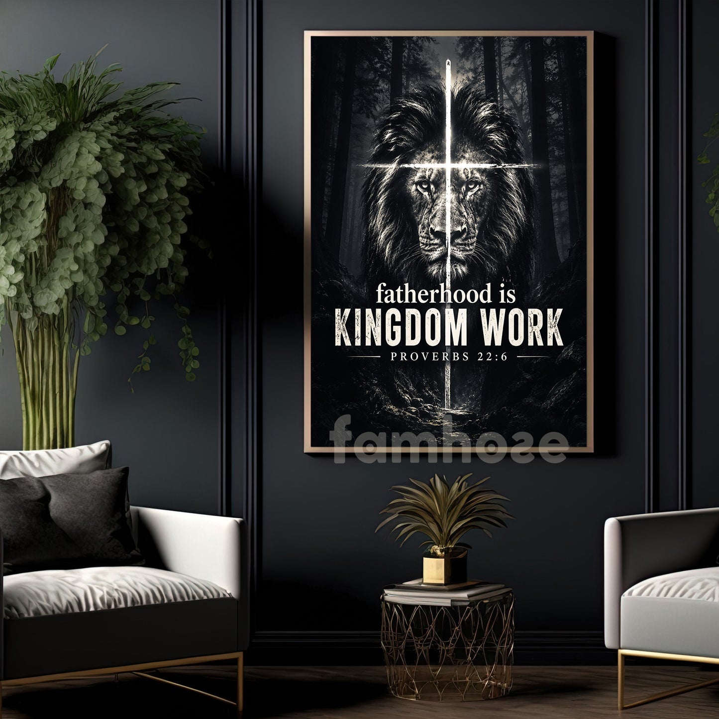 Jesus & Lion Canvas Painting, Fatherhood Is Kingdom Work Wall Art Decor, Poster Retro Style Gift For Christians, Lion Lover