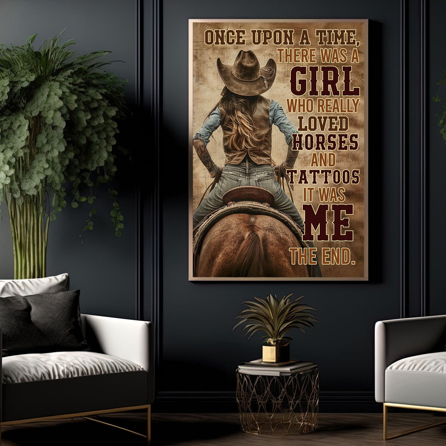 Cowgirl Canvas Painting, A Girl Who Really Loved Horses And Tattoos, Horse Quotes Wall Art Decor, Poster Gift For Cowgirl Lovers