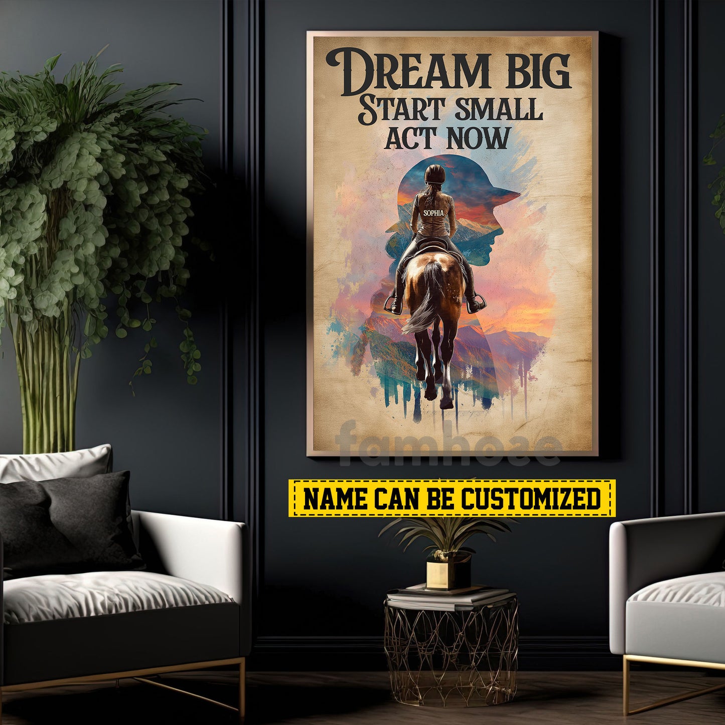 Personalized Horse Riding Girl Canvas Painting, Dream Big Start Small Act Now Inspirational Quote Wall Art Decor, Poster Gift For Horse Girl