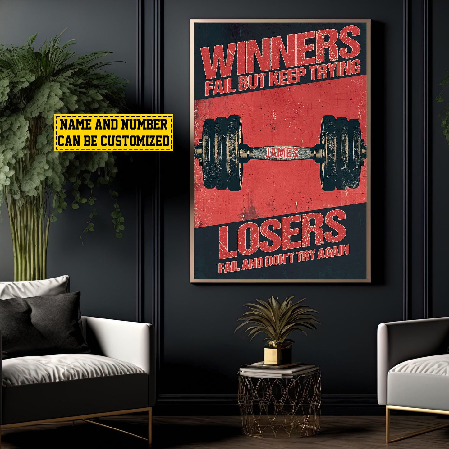 Personalized Gym Canvas Painting, Sports Quotes Wall Art Decor, Winners Fail But Keep Trying Poster Gift For Gym Lovers