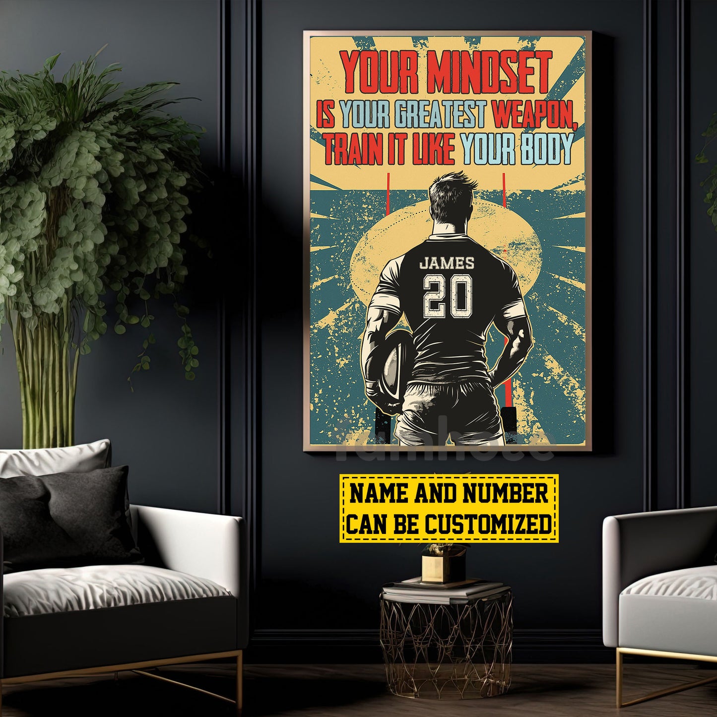Motivational Personalized Rugby Man Canvas Painting, Your Mindset Is Your Greatest Weapon Sport Wall Art Decor, Poster Gift For Rugby Lovers