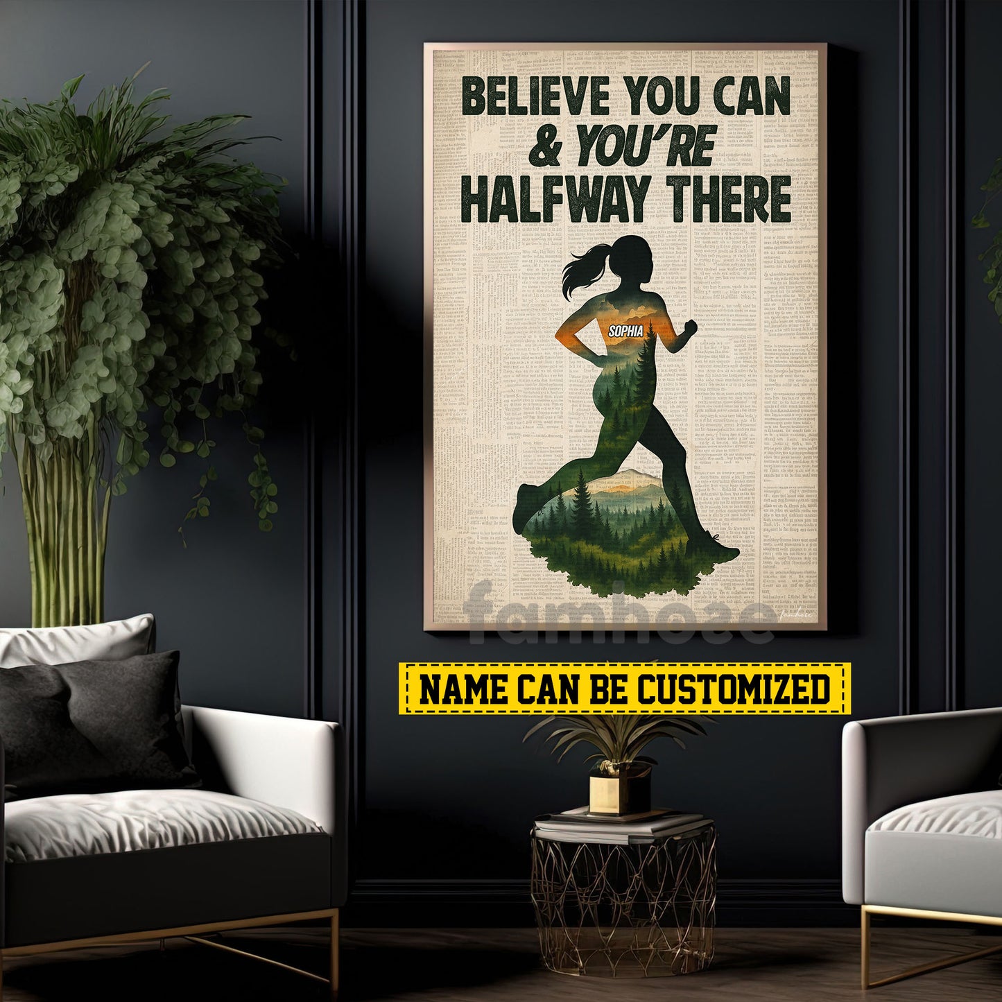 Motivational Personalized Running Woman Canvas Painting, Believe You Can & You're Halfway There Sports Wall Art Decor, Poster Gift For Running Lovers