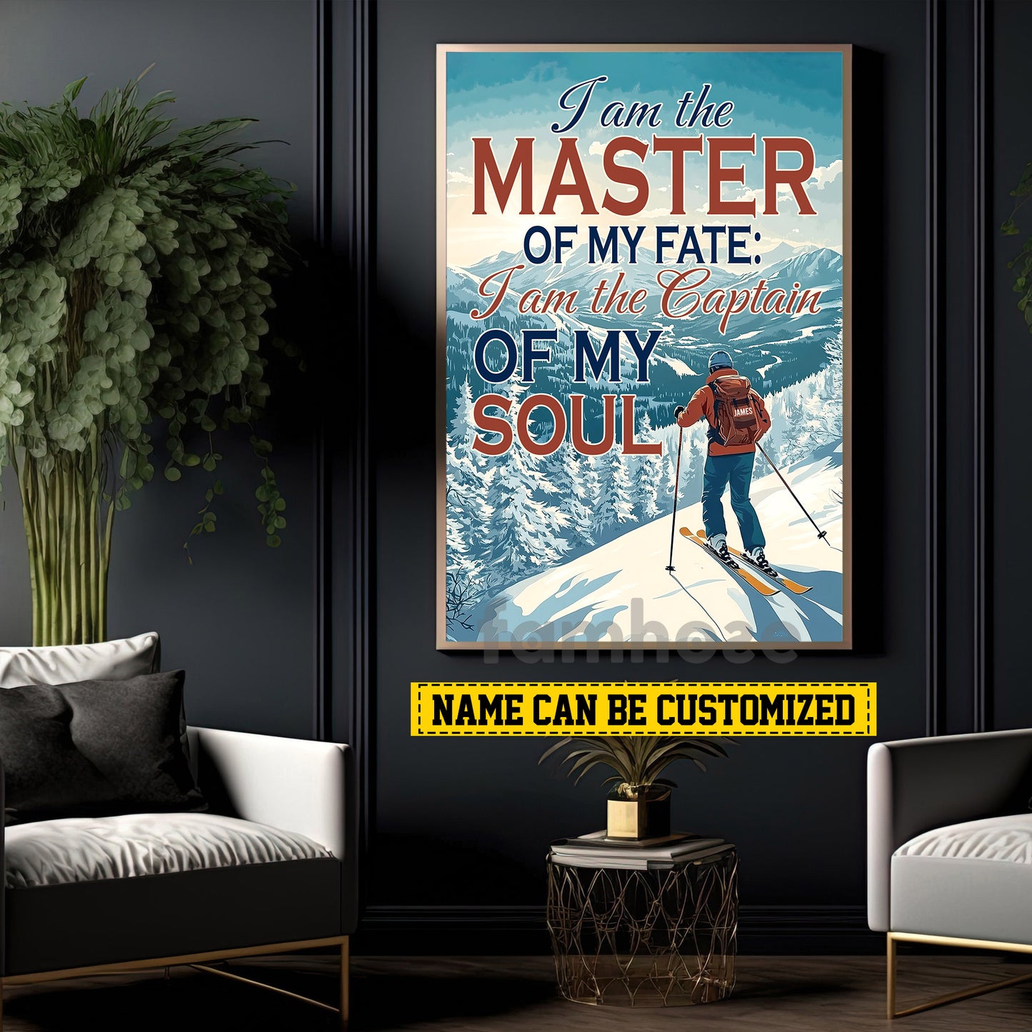Personalized Skiing Man Canvas Painting, I Am The Master Of My Fate Wall Art Decor, Poster Gift For Skiing Lovers
