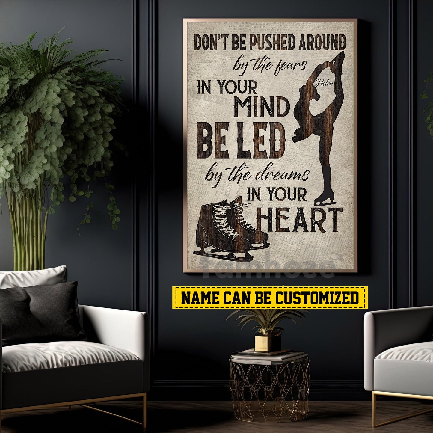 Motivational Personalized Ice Skating Girl Canvas Painting, Don't Be Pushed Around Sport Wall Art Decor, Poster Gift For Ice Skating Lovers