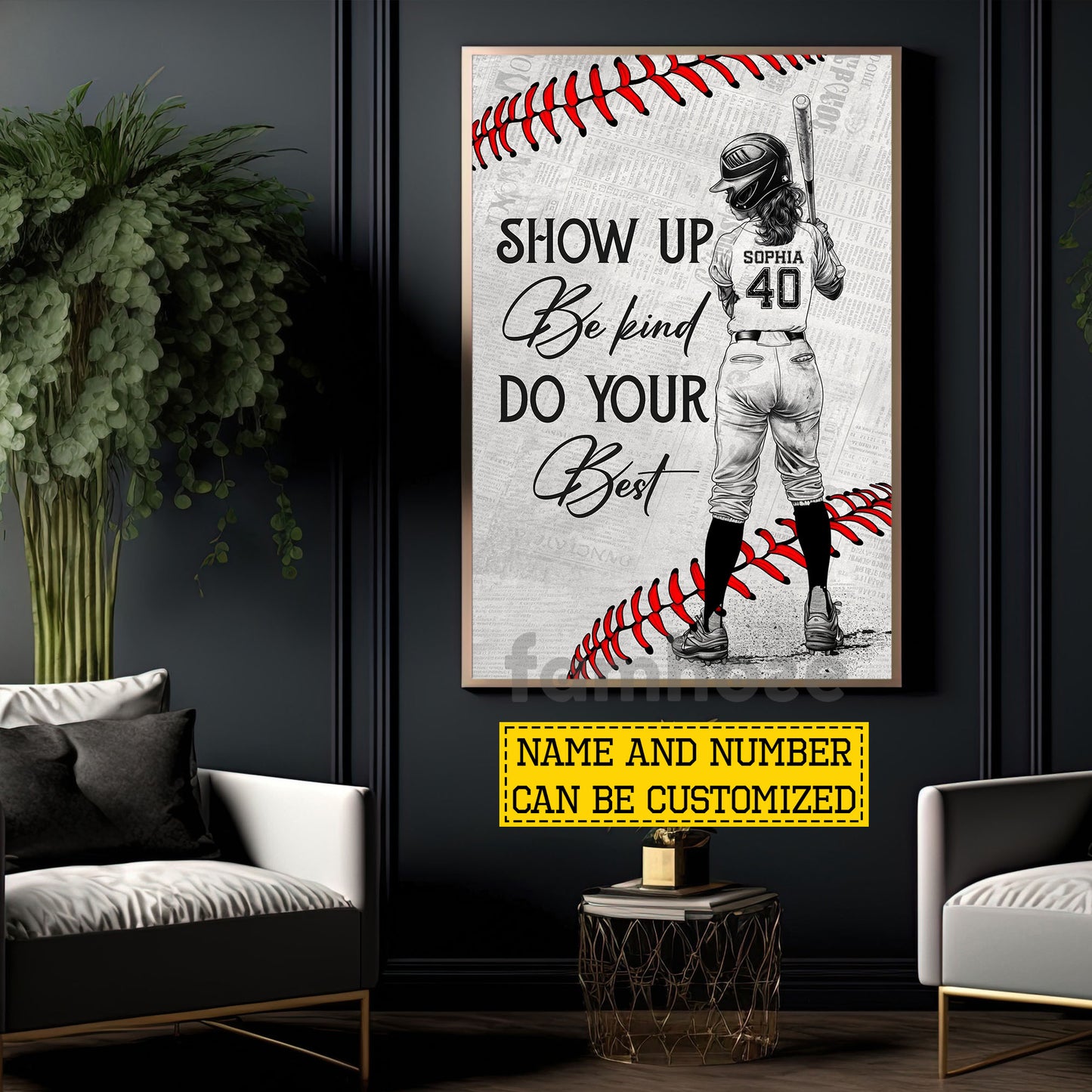 Personalized Softball Kid Girl Canvas Painting, Show Up Be Kind Do Your Best Sport Wall Art Decor, Poster Gift For Softball Lovers