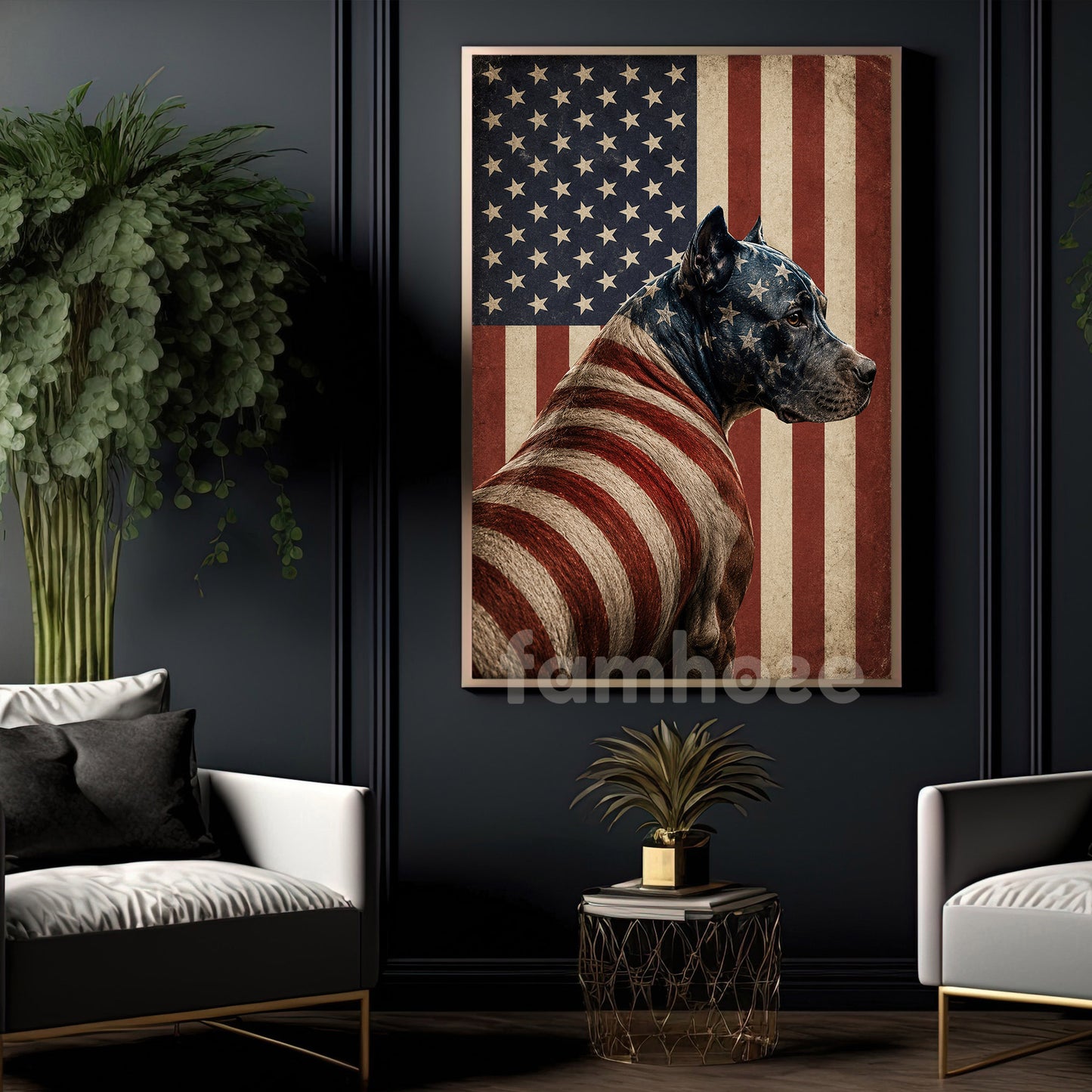 July 4th Pitbull Dog USA Flag Canvas Painting, Freedom Guardian Wall Art Decor, Independence Day Poster Gift For Pitbull Lover