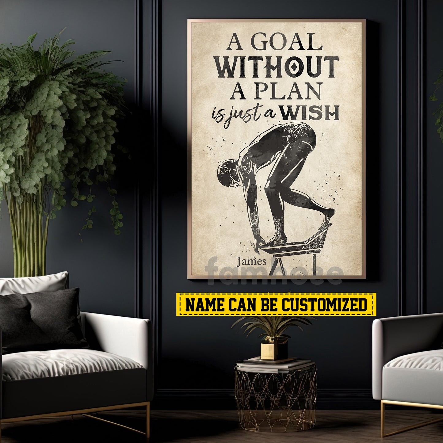 Motivational Personalized Swimming Canvas Painting, A Goal Without A Plan Is Just A Wish Sport Wall Art Decor, Poster Gift For Swimming Lovers