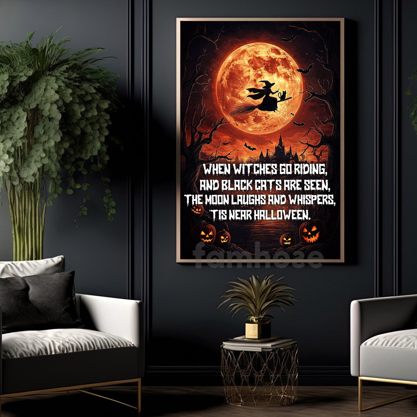 Halloween Witch & Black Cat Canvas Painting, When Witches Go Riding Wall Art Decor, Spooky Season Poster Gift For Witch Lovers