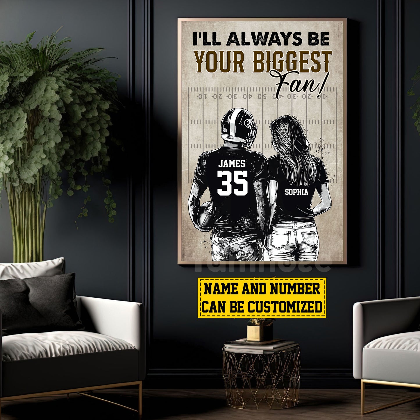 Romantic Personalized Football Couple Canvas Painting, I'll Always Be Your Biggest Fan Sports Wall Art Decor, Valentine's Day Poster Gift For Football-Loving Couple