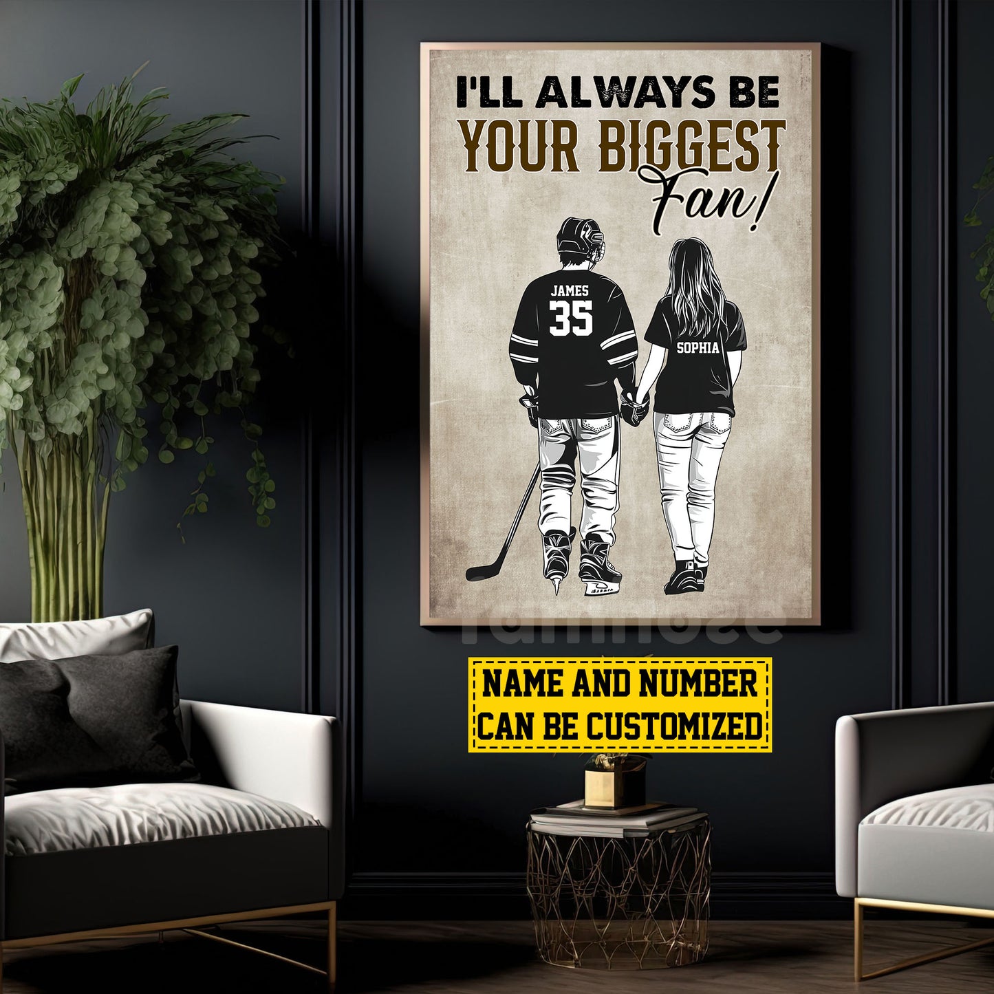 Romantic Personalized Hockey Couple Canvas Painting, I'll Always Be Your Biggest Fan Sports Wall Art Decor, Valentine's Day Poster Gift For Hockey-Loving Couple