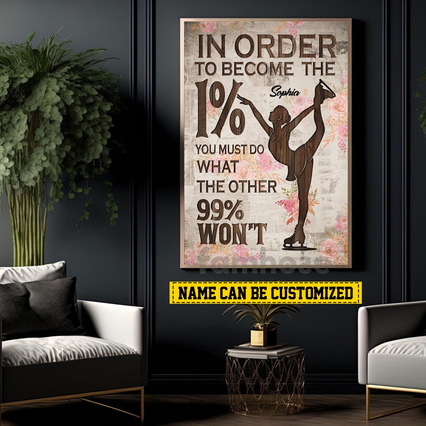 Personalized Motivational Ice Skating Girl Canvas Painting, In Order To Become The 1% You Must Do What The Other 99% Won't, Sports Wall Art Decor, Poster Gift For Ice Skating Lovers