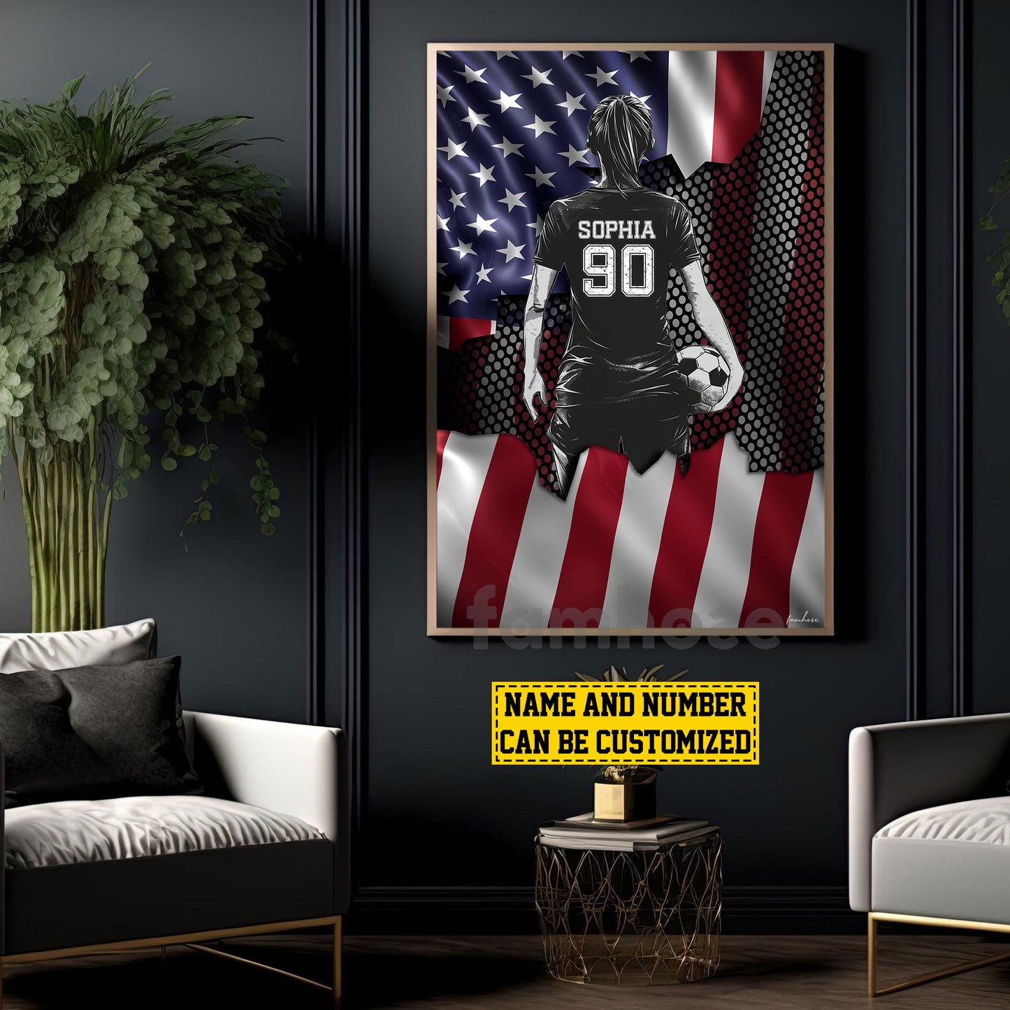Personalized Soccer Girl Canvas Painting, Stars, Stripes & Soccer Dreams Sports Wall Art Decor, Poster July 4th Gift For Soccer Lovers