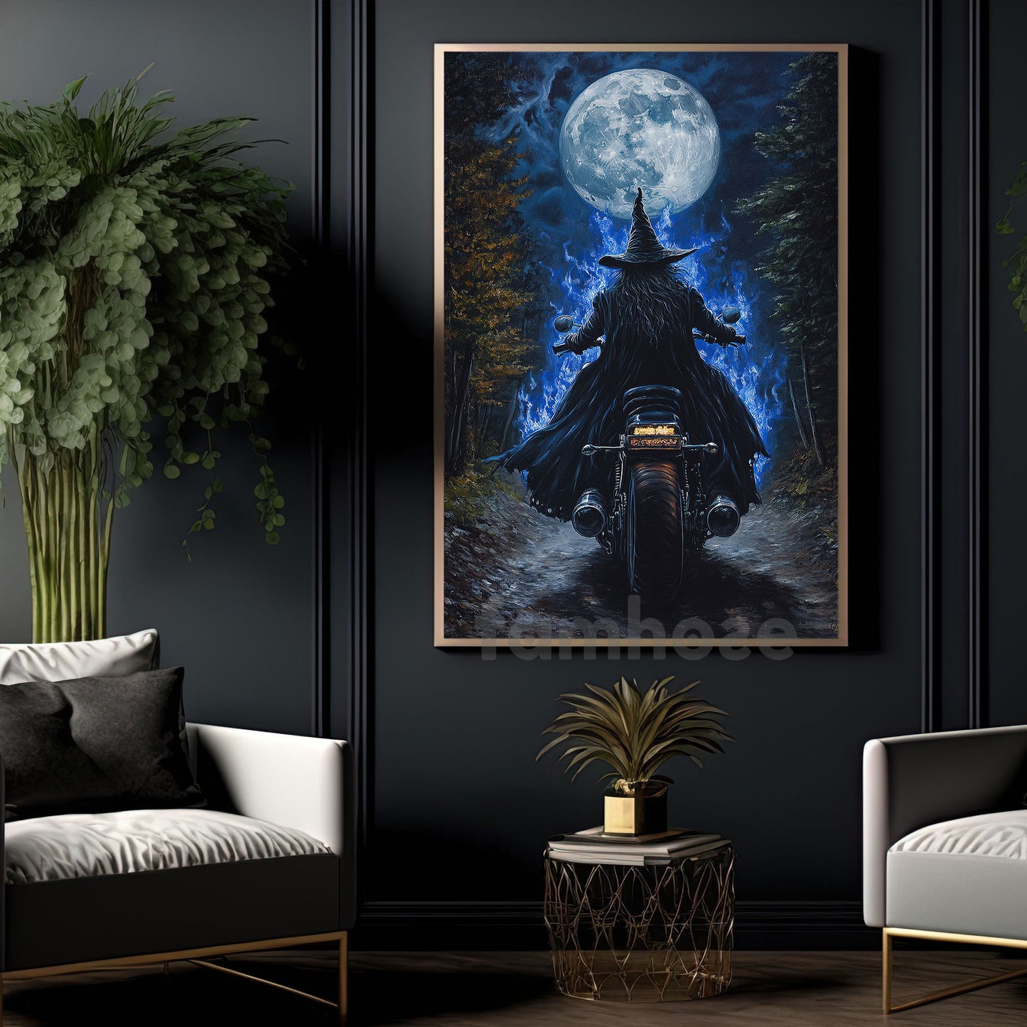 Halloween Witch Motocycle Canvas Painting, Witch Biker Under The Full Moon Wall Art Decor, Spooky Season Poster Gift For Biker