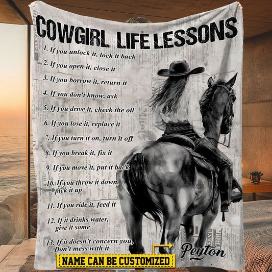 Personalized Cowgirl Fleece Blanket, Cowgirl Life Lessons Baseball Woven Blanket, Cool Sherpa Blanket Gift For Horse Lovers