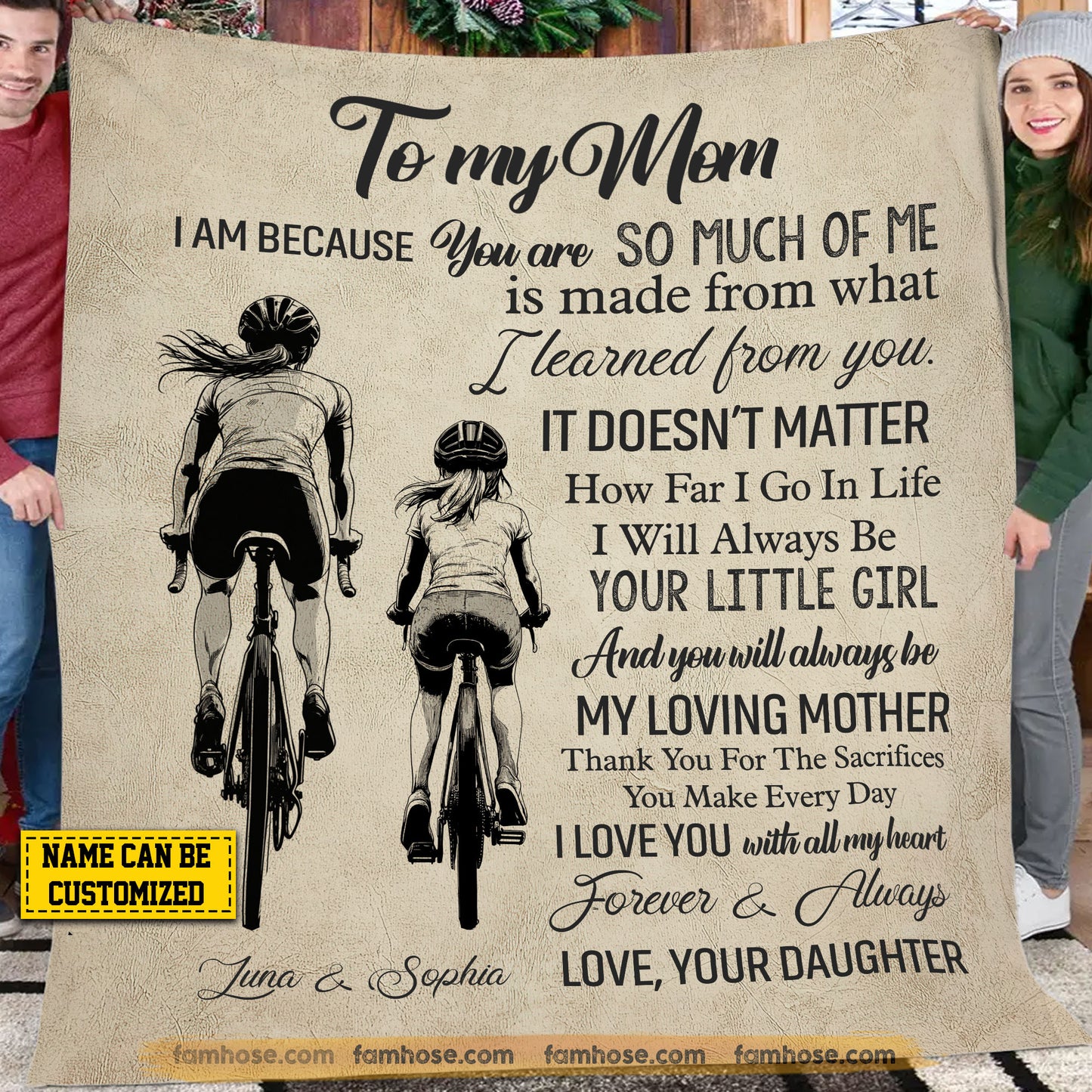 Personalized Cycling Mom Daughter Fleece Blanket, To My Mom I Am Because You Are Sport Woven Blanket, Cool Sherpa Blanket Mother's Day Gift For Mom From Cycling Girl