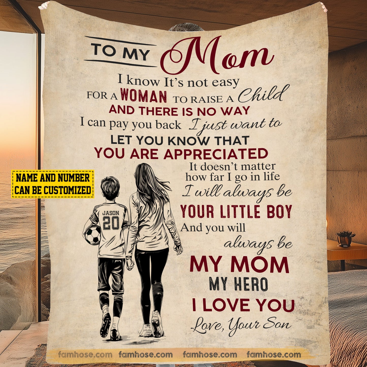 Personalized Soccer Mom & Son Fleece Blanket, To My Mom I Know It Not Easy Woven Blanket, Cool Sherpa Blanket Mother's Day Gift For Mom From Soccer Boy