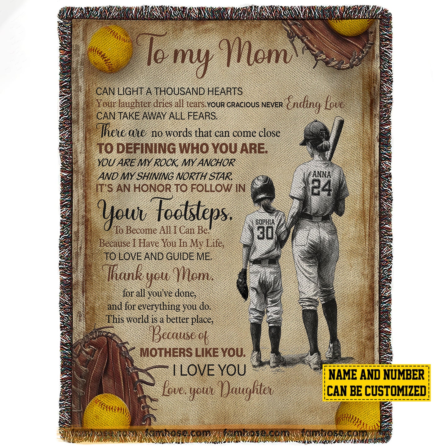 Personalized Softball Mom Daughter Fleece Blanket, To My Mom It's An Honor To Follow In Your Footsteps Sport Woven Blanket, Sherpa Blanket Mother's Day Gift For Mom From Softball Girl