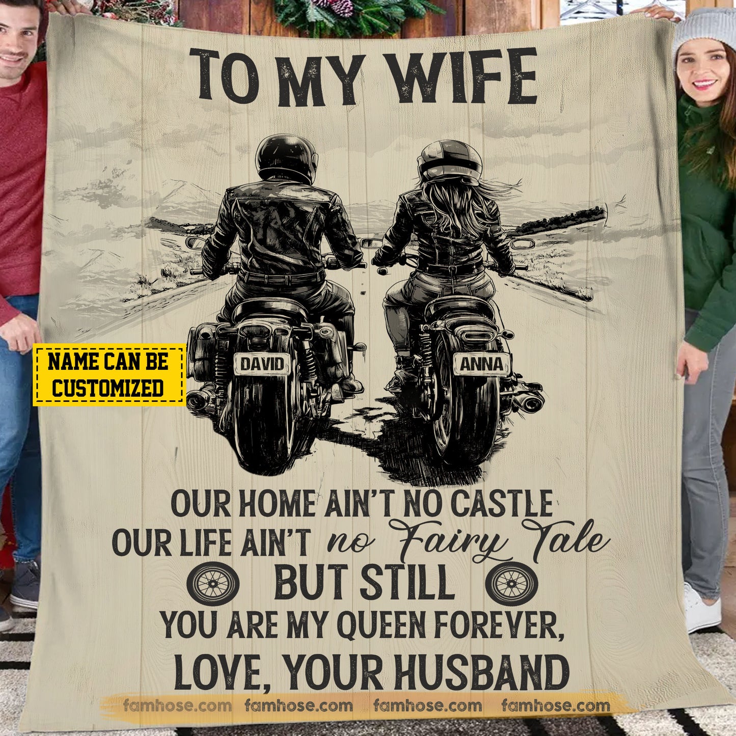 Romantic Biker Couple Fleece Blanket, To My Wife Woven Blanket & Sherpa Blanket Valentine's Day Gift For Motorcycle-Loving Couple