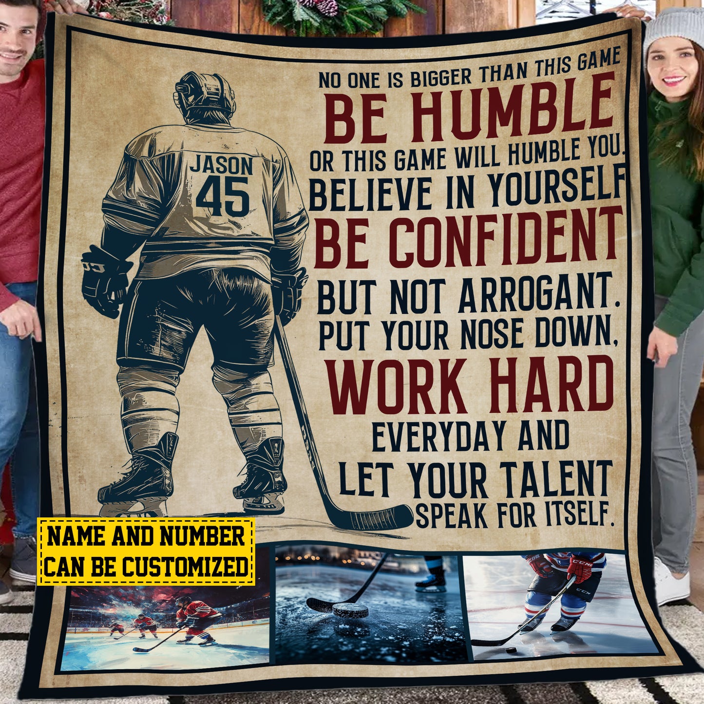 Personalized Hockey Boy Fleece Blanket, Work Hard Everyday Woven Blanket, Cool Sherpa Blanket Gift For Hockey Lovers