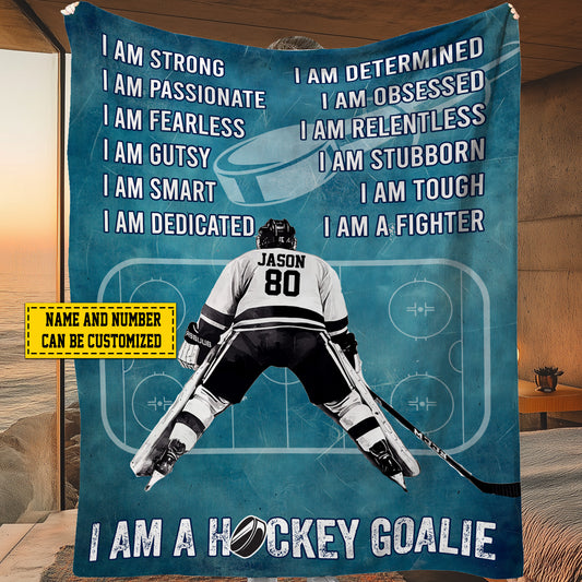 Cool Personalized Hockey Goalie Fleece Blanket, I Am A Hockey Goalie Woven Blanket, Cool Sherpa Blanket Gift For Hockey Lovers