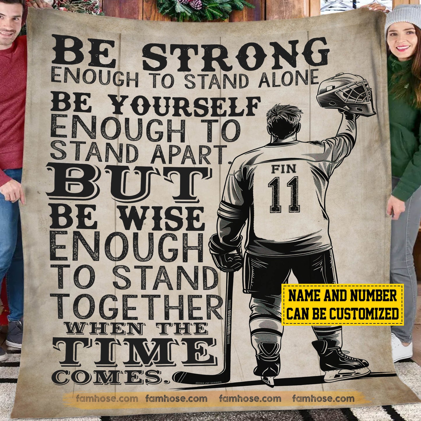 Personalized Hockey Fleece Blanket, Be Yourself, Be Strong, Be Wise Sport Woven Blanket, Cozy Sherpa Blanket Gift For Hockey Lovers