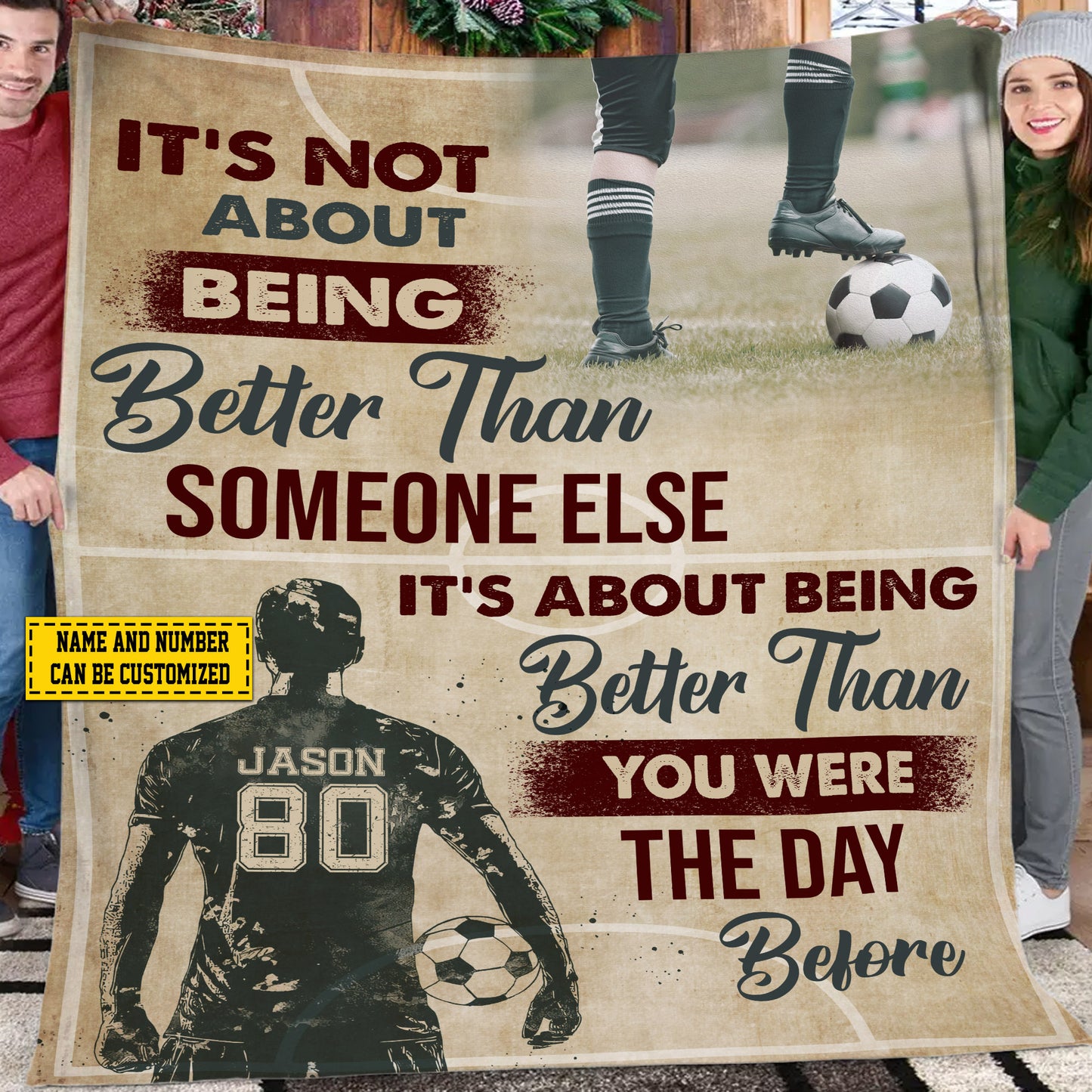 Personalized Soccer Boy Fleece Blanket, Not About Being Better Than Someone Else Woven Blanket, Cool Sherpa Blanket Gift For Soccer Lovers