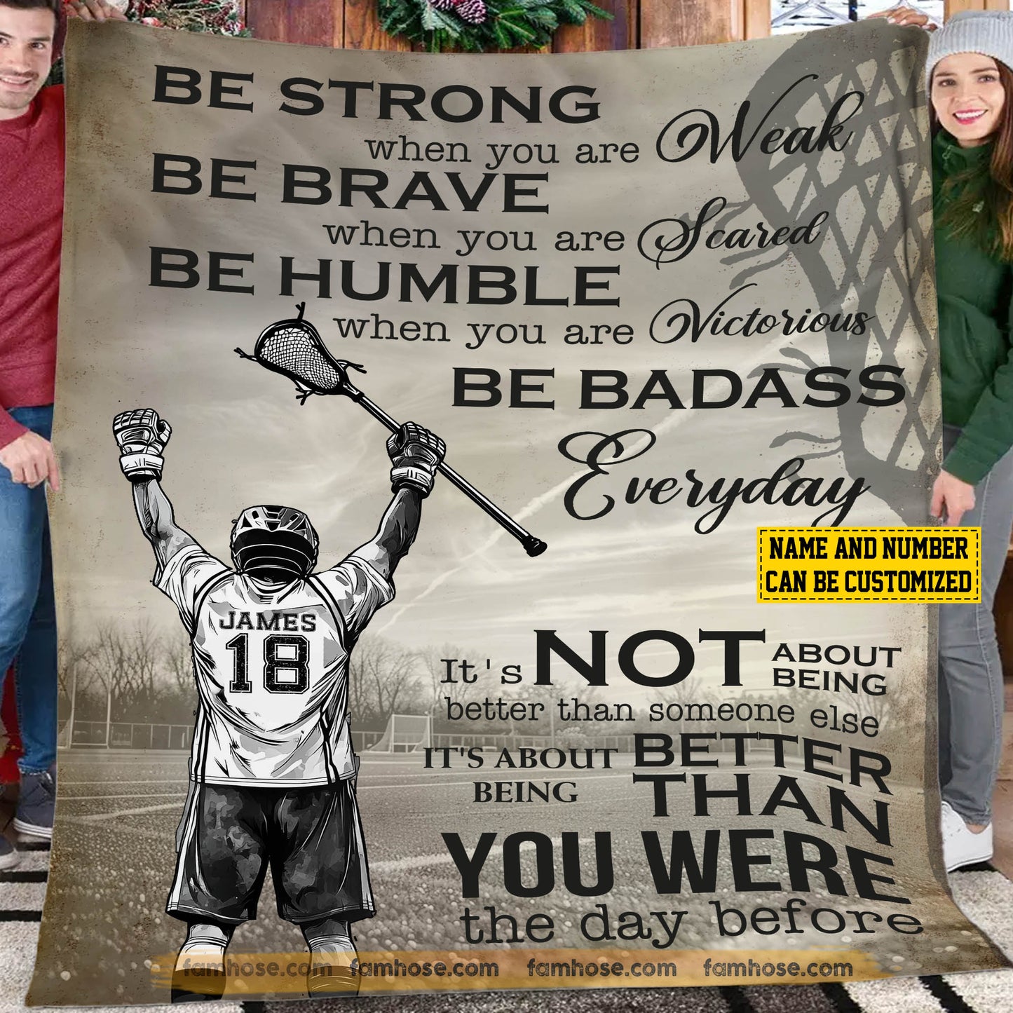 Motivational Personalized Lacrosse Boy Fleece Blanket, Be Strong Humble Brave And Badass Sport Woven Blanket, Cool Sherpa Blanket Gift For Lacrosse Lovers