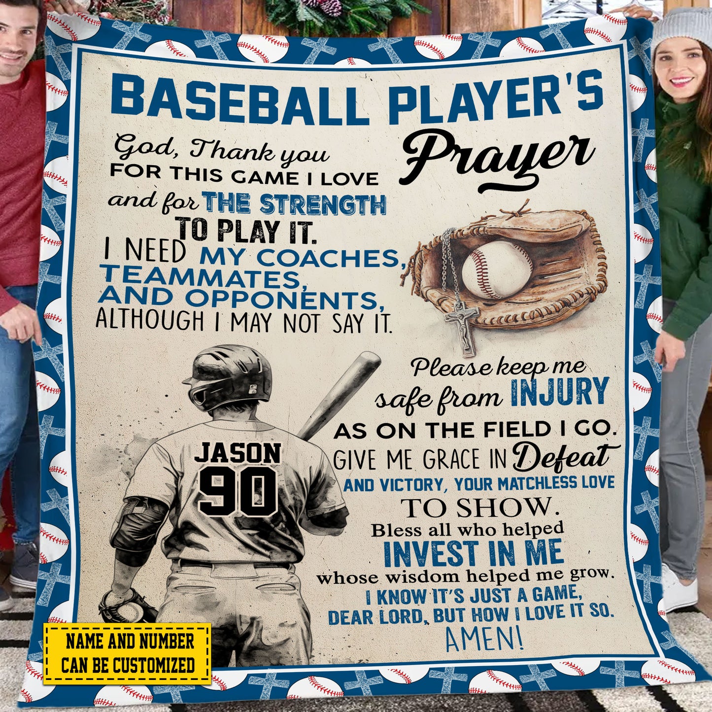 Personalized Motivational Baseball Boy Fleece Blanket, Baseball Player's Prayer Sports Woven Blanket, Cool Sherpa Blanket Gift For Baseball Lovers