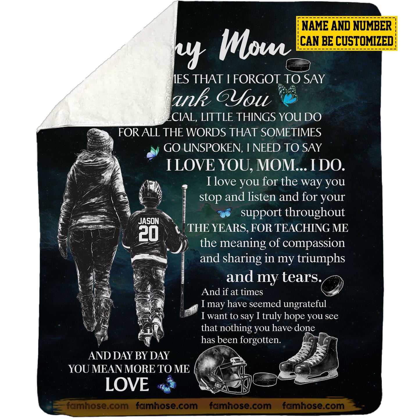 Personalized Hockey Mom Son Fleece Blanket, To My Mom For All The Times Sport Woven Blanket, Sherpa Blanket Mother's Day Gift For Mom From Hockey Boy