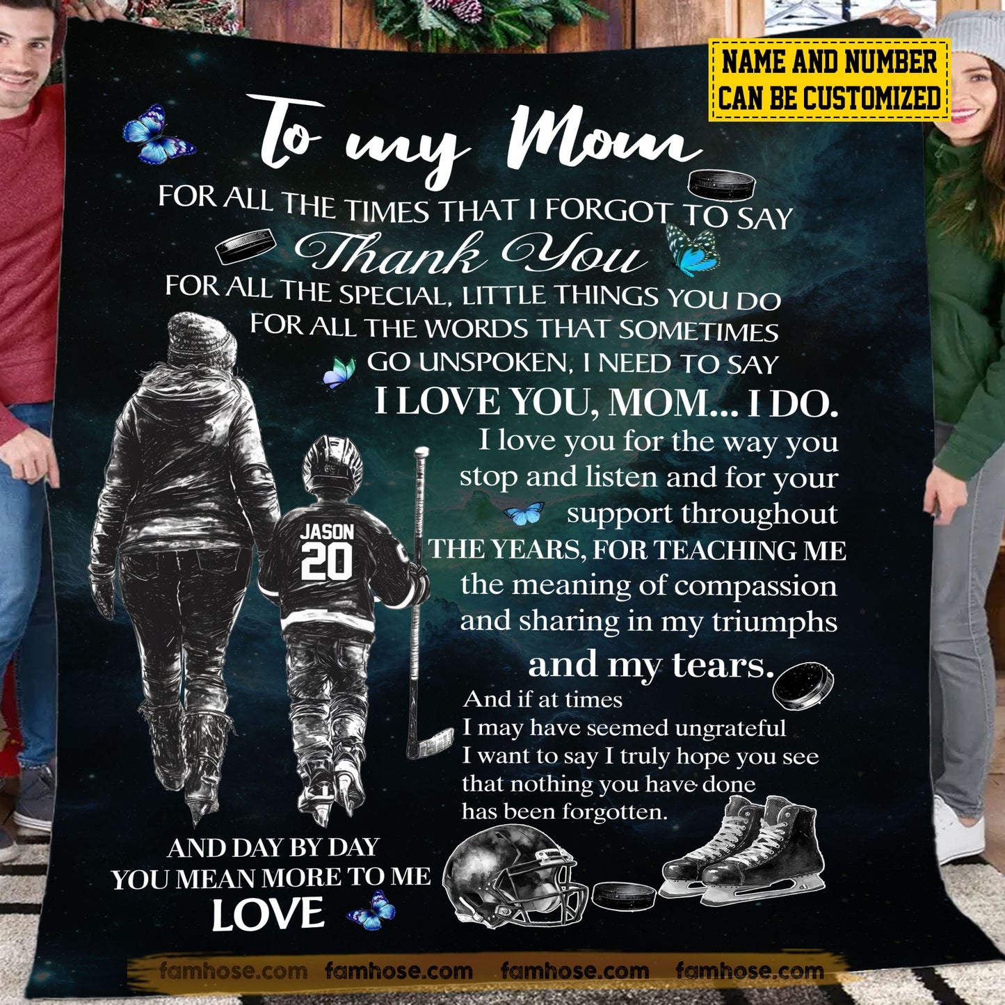 Personalized Hockey Mom Son Fleece Blanket, To My Mom For All The Times Sport Woven Blanket, Sherpa Blanket Mother's Day Gift For Mom From Hockey Boy