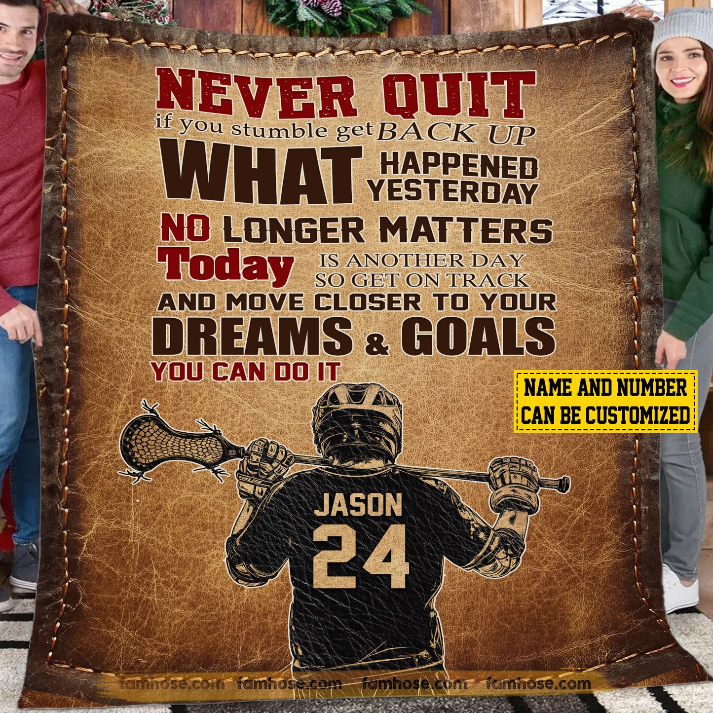 Vintage Personalized Lacrosse Boy Fleece Blanket, Never Quit Sport Woven Blanket, Cool Sherpa Blanket Gift Lacrosse Lovers