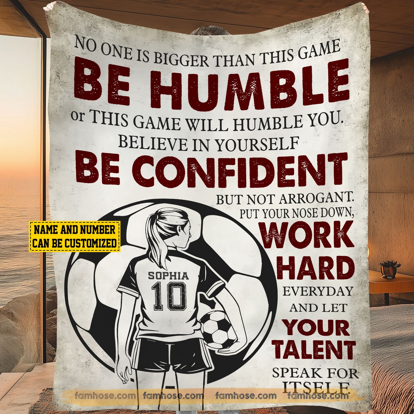 Motivational Personalized Soccer Girl Fleece Blanket, Be Humble Confident And Work Hard Woven Blanket, Cool Sherpa Blanket Gift For Soccer Lovers