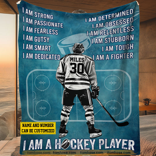 Personalized Hockey Fleece Blanket, I Am A Hockey Player Sport Woven Blanket, Cozy Sherpa Blanket Gift For Hockey Lovers