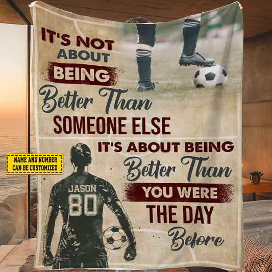 Personalized Soccer Boy Fleece Blanket, Not About Being Better Than Someone Else Woven Blanket, Cool Sherpa Blanket Gift For Soccer Lovers