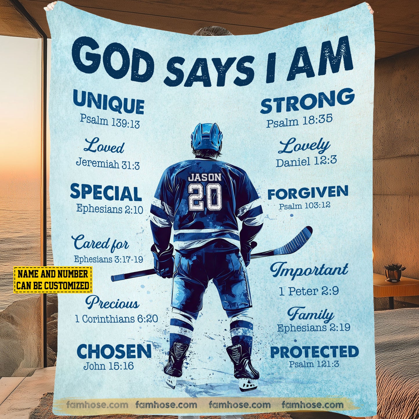 Personalized Hockey Boy Fleece Blanket, God Says I Am Sport Woven Blanket, Cool Sherpa Blanket Gift For Hockey Lovers