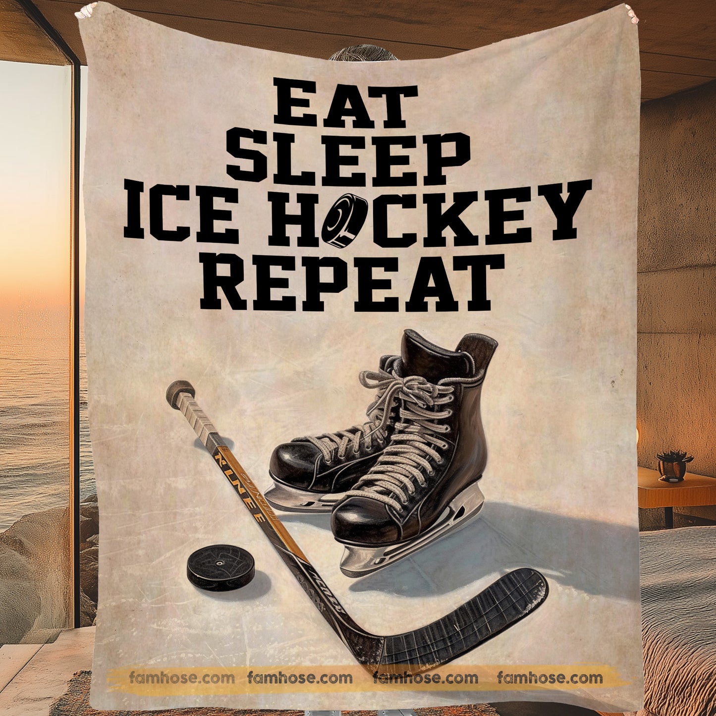 Vintage Hockey Fleece Blanket, Hockey Life: Eat, Sleep And Repeat Sport Woven Blanket, Cozy Sherpa Blanket Gift For Hockey Lovers