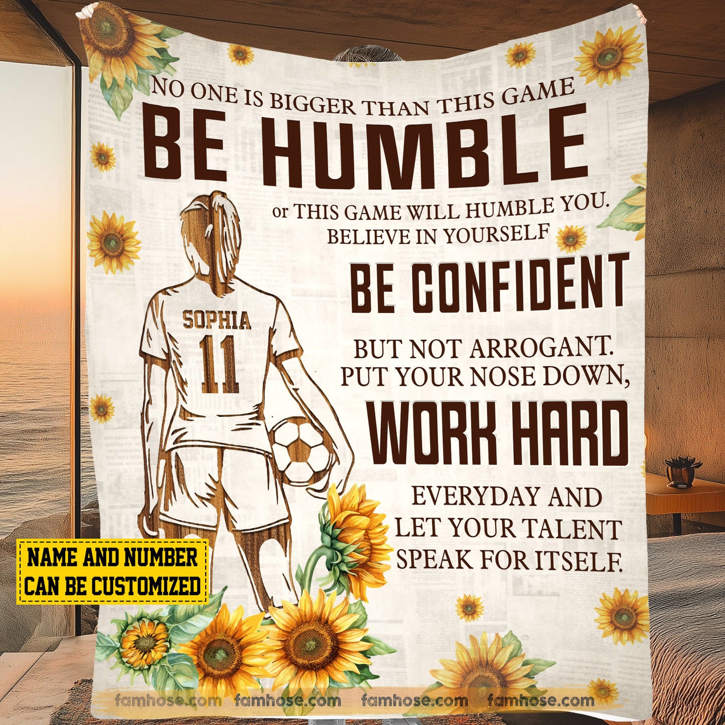Motivational Personalized Soccer Girl Fleece Blanket, Be Humble Be Confident And Work Hard Sport Woven Blanket, Cool Sherpa Blanket Gift For Soccer Lovers