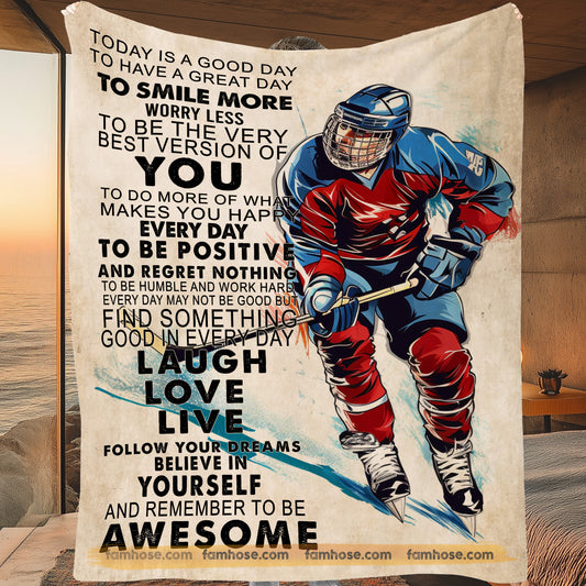 Motivational Hockey Fleece Blanket, Hockey Dreams And Positive Vibes Sport Woven Blanket, Sherpa Blanket Gift For Hockey Lovers