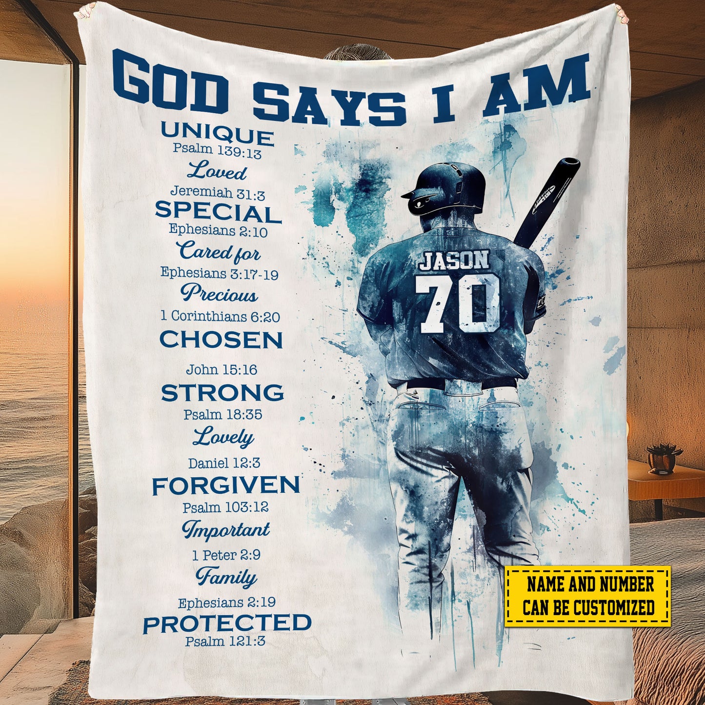 Personalized Motivational Baseball Boy Fleece Blanket, God Says I Am Sport Woven Blanket, Cool Sherpa Blanket Gift For Baseball Lovers